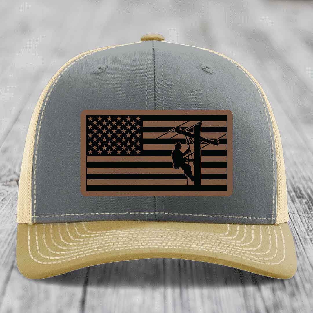 American Flag Lineman - Leather Patch Hat - Dark Brown to Black Patch - Richardson 112 Snapback Trucker Hat