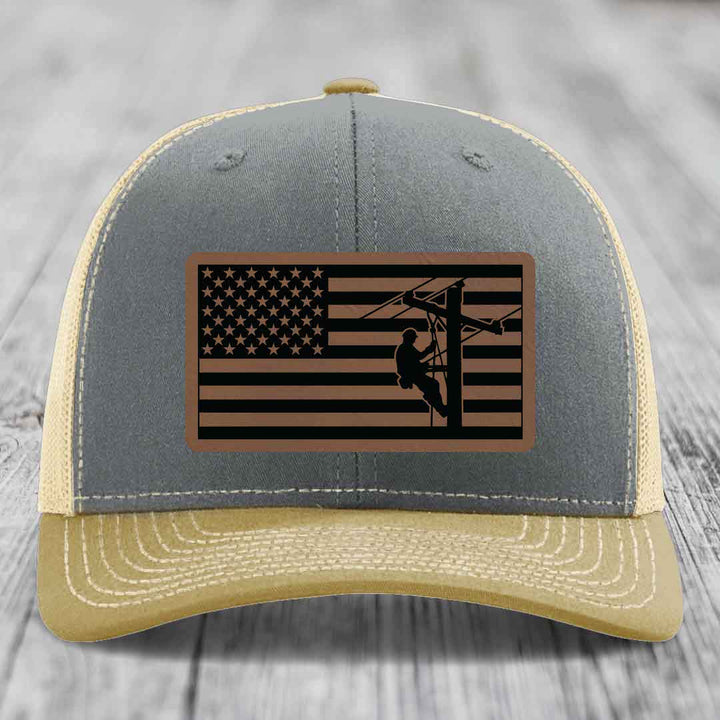 American Flag Lineman - Leather Patch Hat - Dark Brown to Black Patch - Richardson 112 Snapback Trucker Hat