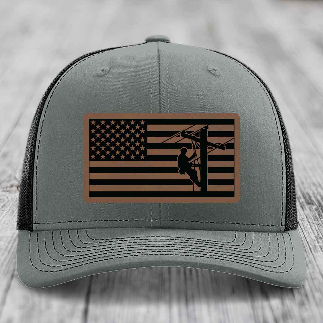 American Flag Lineman - Leather Patch Hat - Dark Brown to Black Patch - Richardson 112 Snapback Trucker Hat