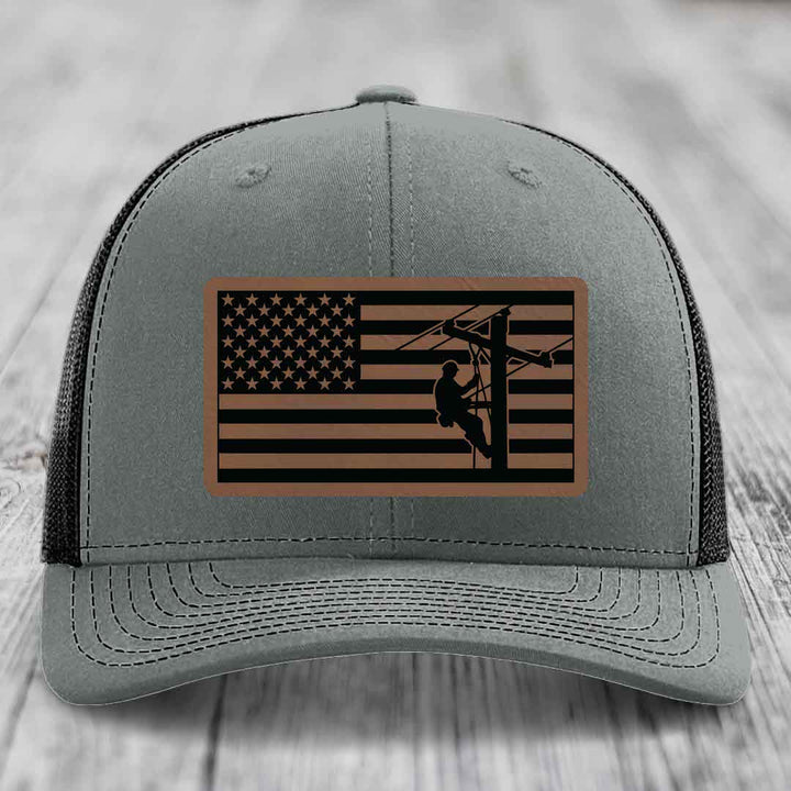 American Flag Lineman - Leather Patch Hat - Dark Brown to Black Patch - Richardson 112 Snapback Trucker Hat