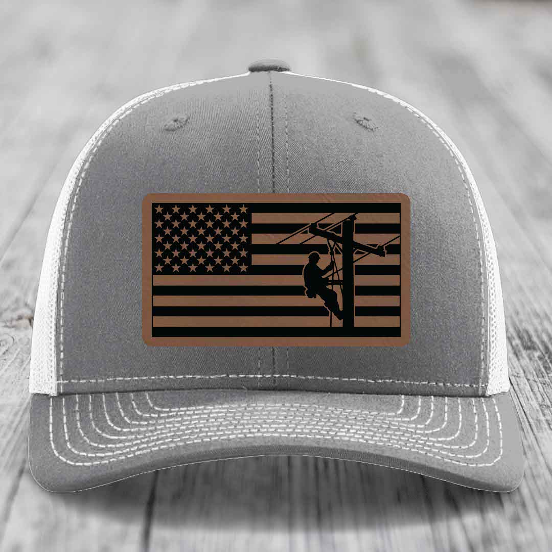 American Flag Lineman - Leather Patch Hat - Dark Brown to Black Patch - Richardson 112 Snapback Trucker Hat