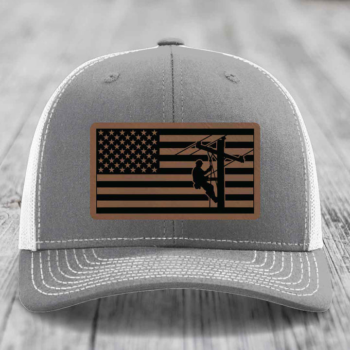 American Flag Lineman - Leather Patch Hat - Dark Brown to Black Patch - Richardson 112 Snapback Trucker Hat