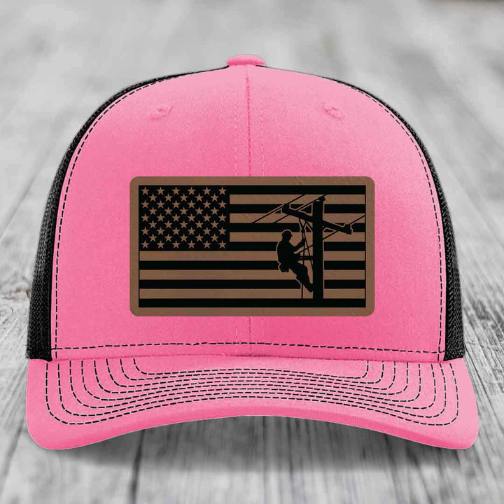 American Flag Lineman - Leather Patch Hat - Dark Brown to Black Patch - Richardson 112 Snapback Trucker Hat
