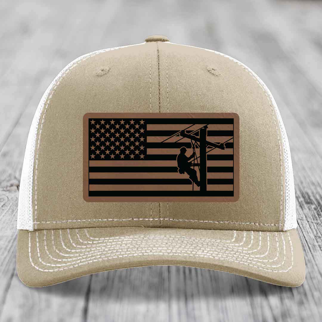 American Flag Lineman - Leather Patch Hat - Dark Brown to Black Patch - Richardson 112 Snapback Trucker Hat