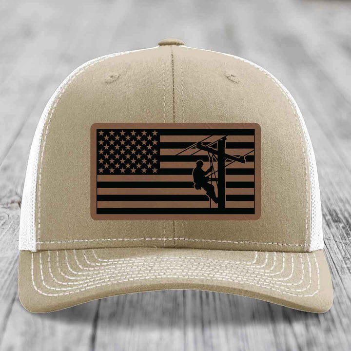 American Flag Lineman - Leather Patch Hat - Dark Brown to Black Patch - Richardson 112 Snapback Trucker Hat