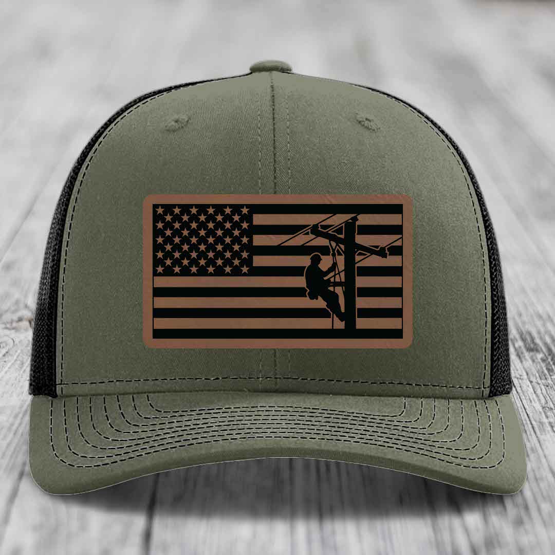 American Flag Lineman - Leather Patch Hat - Dark Brown to Black Patch - Richardson 112 Snapback Trucker Hat