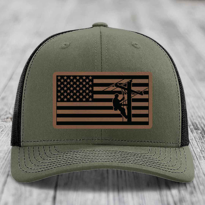 American Flag Lineman - Leather Patch Hat - Dark Brown to Black Patch - Richardson 112 Snapback Trucker Hat