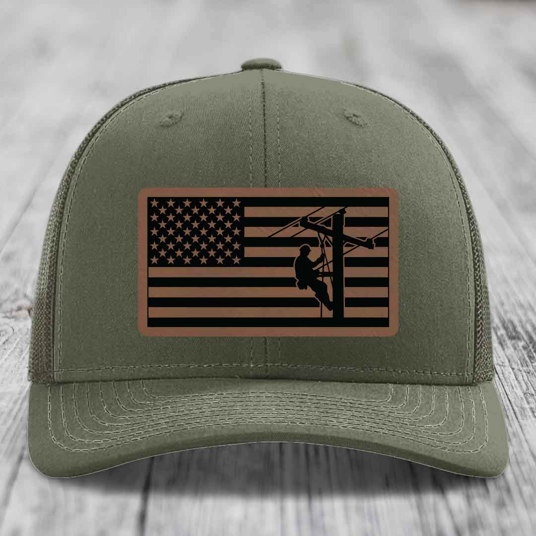 American Flag Lineman - Leather Patch Hat - Dark Brown to Black Patch - Richardson 112 Snapback Trucker Hat