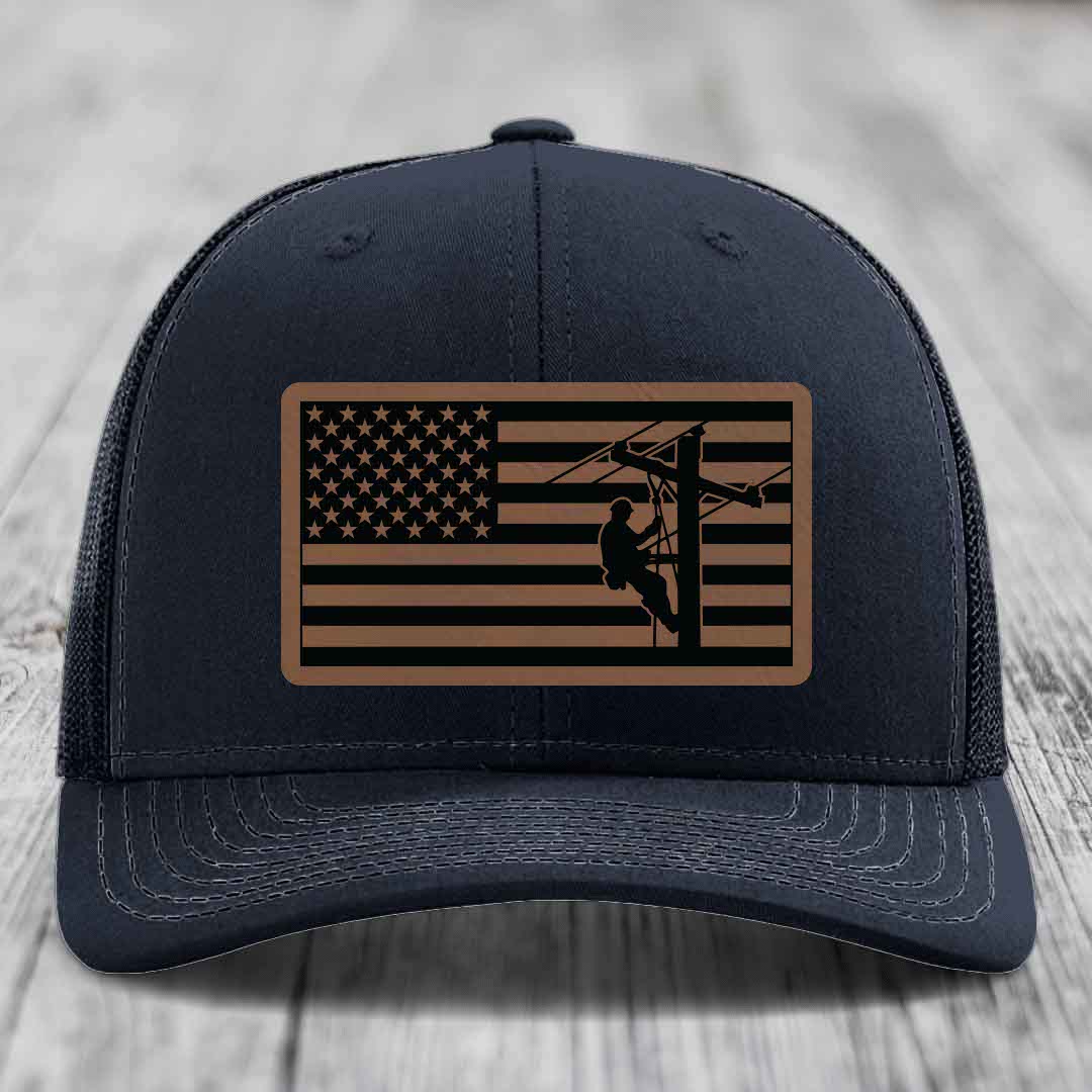 American Flag Lineman - Leather Patch Hat - Dark Brown to Black Patch - Richardson 112 Snapback Trucker Hat