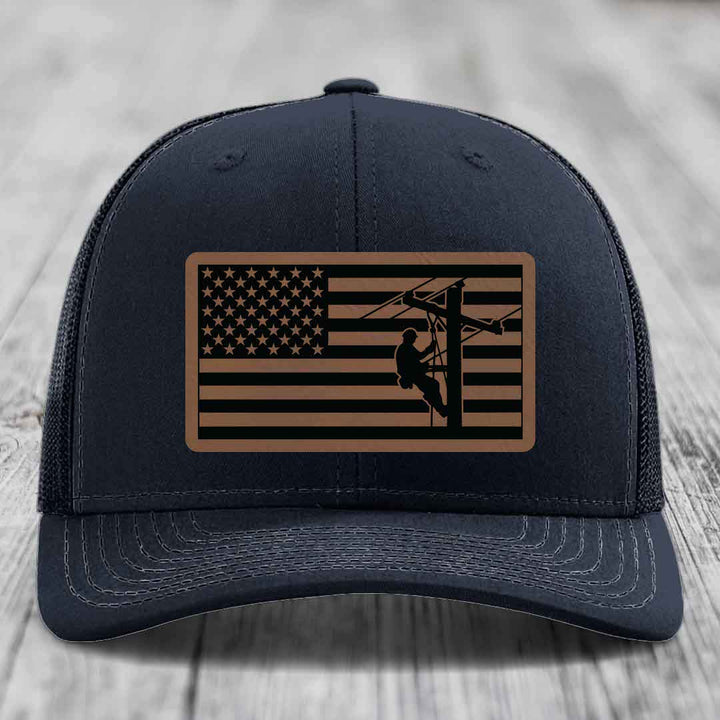 American Flag Lineman - Leather Patch Hat - Dark Brown to Black Patch - Richardson 112 Snapback Trucker Hat