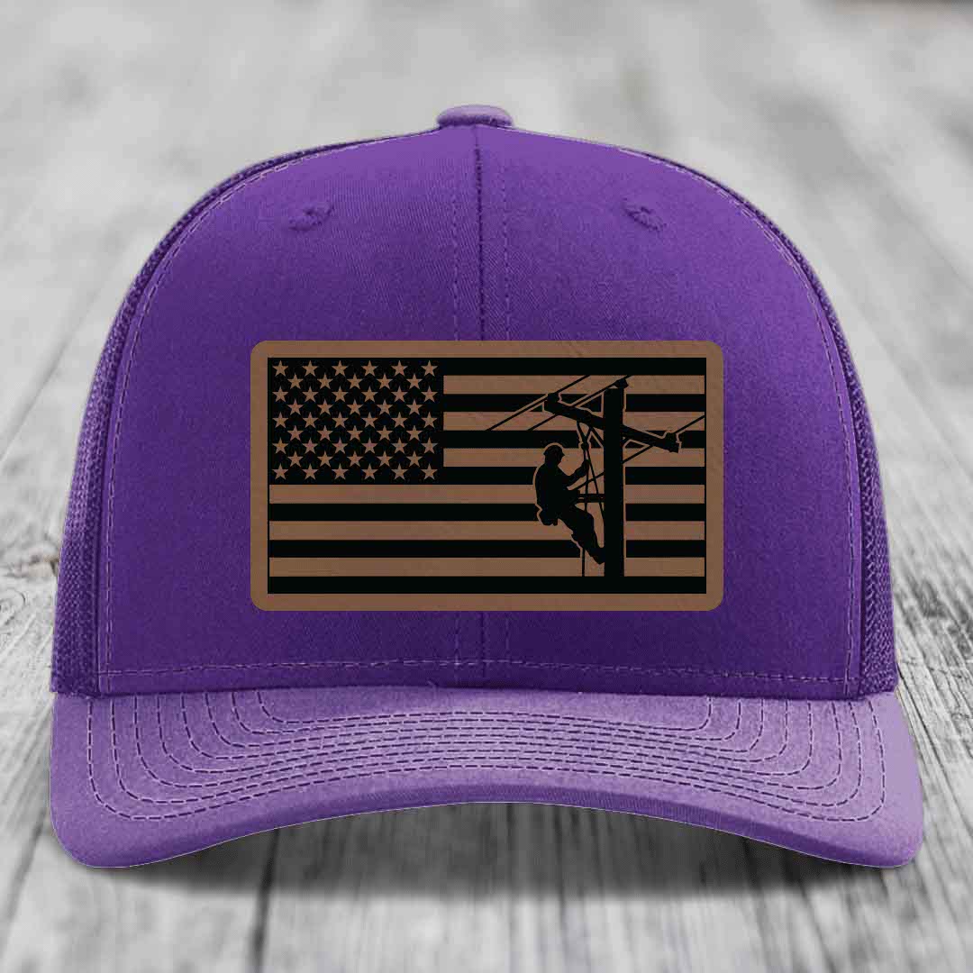 American Flag Lineman - Leather Patch Hat - Dark Brown to Black Patch - Richardson 112 Snapback Trucker Hat