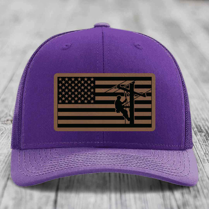 American Flag Lineman - Leather Patch Hat - Dark Brown to Black Patch - Richardson 112 Snapback Trucker Hat
