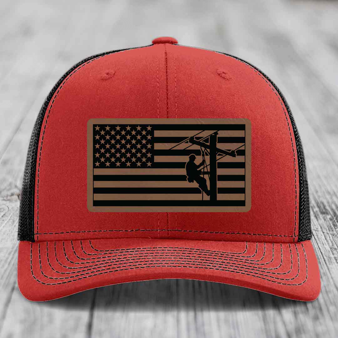 American Flag Lineman - Leather Patch Hat - Dark Brown to Black Patch - Richardson 112 Snapback Trucker Hat