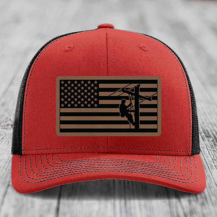 American Flag Lineman - Leather Patch Hat - Dark Brown to Black Patch - Richardson 112 Snapback Trucker Hat
