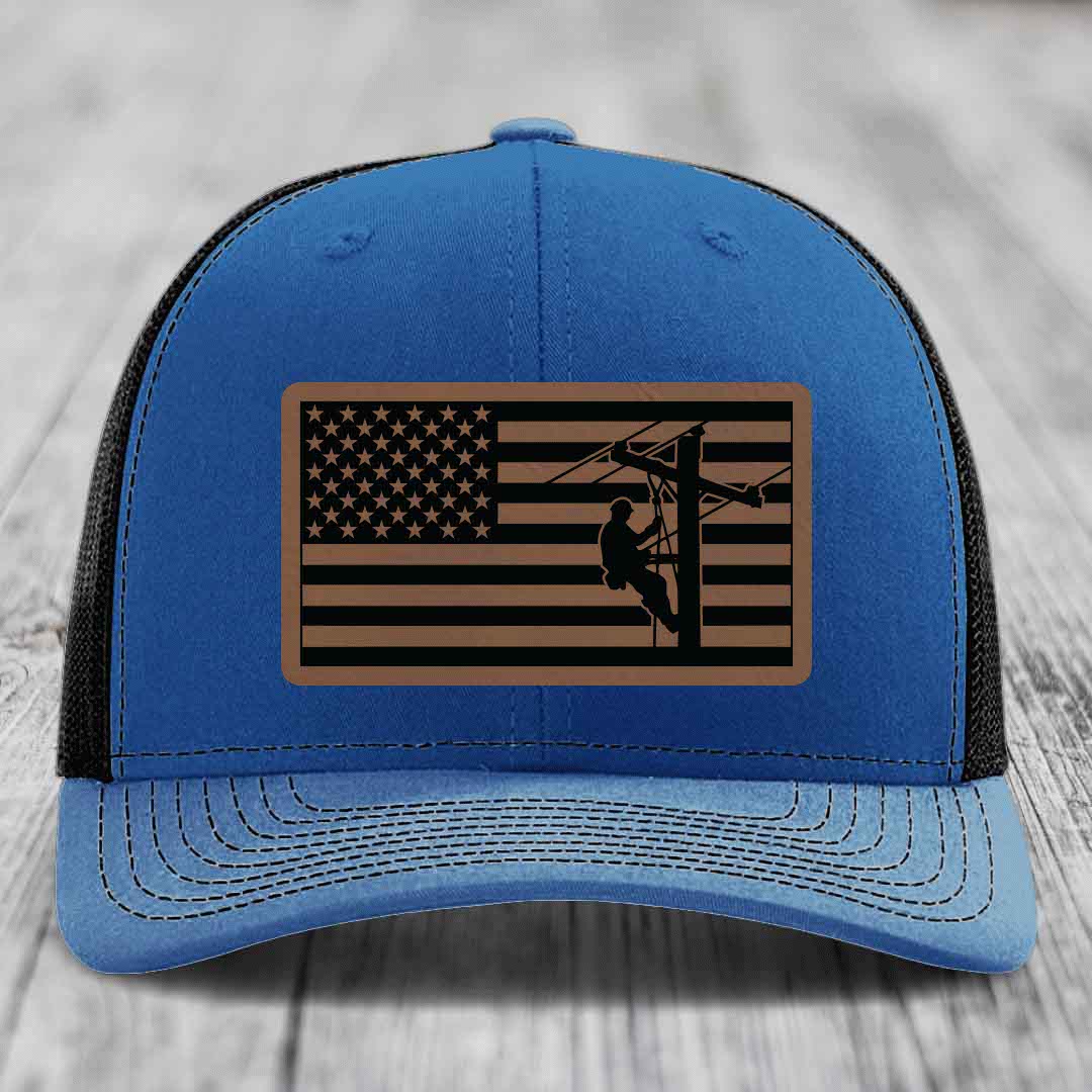 American Flag Lineman - Leather Patch Hat - Dark Brown to Black Patch - Richardson 112 Snapback Trucker Hat