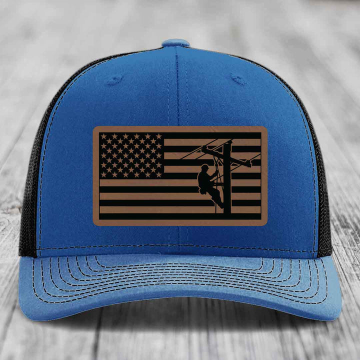 American Flag Lineman - Leather Patch Hat - Dark Brown to Black Patch - Richardson 112 Snapback Trucker Hat