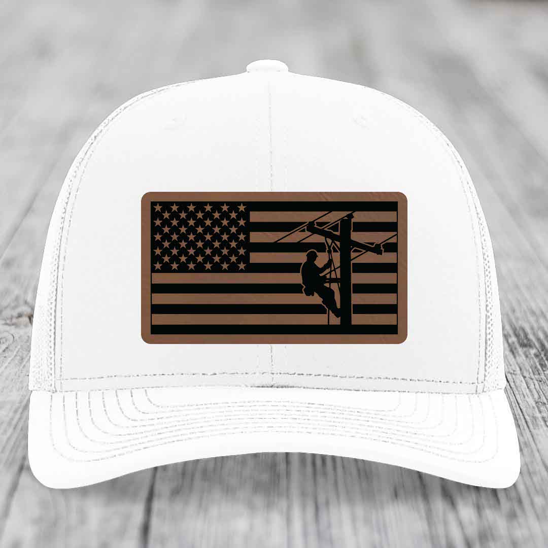 American Flag Lineman - Leather Patch Hat - Dark Brown to Black Patch - Richardson 112 Snapback Trucker Hat