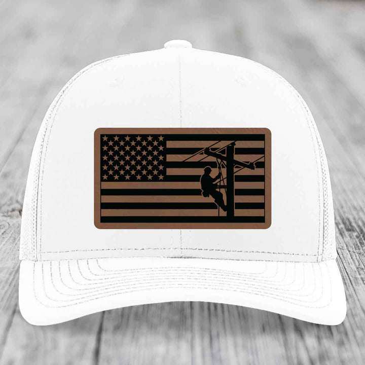American Flag Lineman - Leather Patch Hat - Dark Brown to Black Patch - Richardson 112 Snapback Trucker Hat
