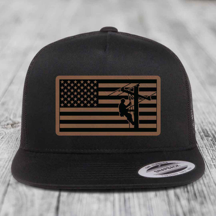American Flag Lineman - Leather Patch Hat - Dark Brown to Black Patch - Yupoong 6006 Snapback Flatbill Hat
