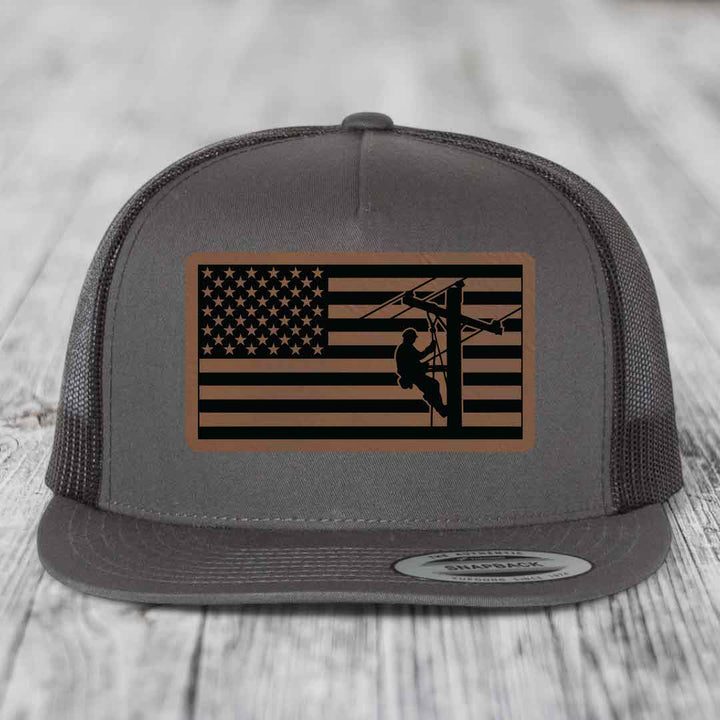 American Flag Lineman - Leather Patch Hat - Dark Brown to Black Patch - Yupoong 6006 Snapback Flatbill Hat