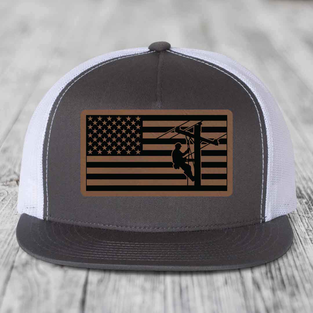 American Flag Lineman - Leather Patch Hat - Dark Brown to Black Patch - Yupoong 6006 Snapback Flatbill Hat