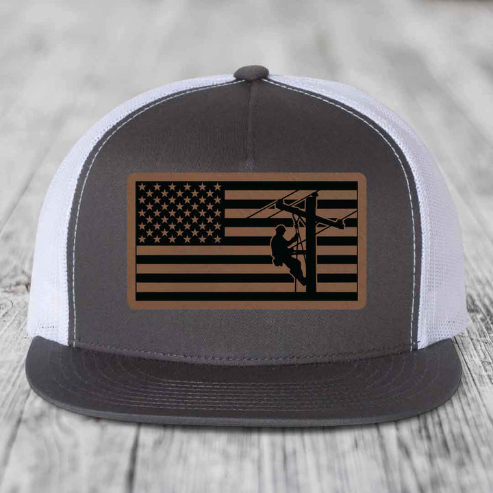 American Flag Lineman - Leather Patch Hat - Dark Brown to Black Patch - Yupoong 6006 Snapback Flatbill Hat