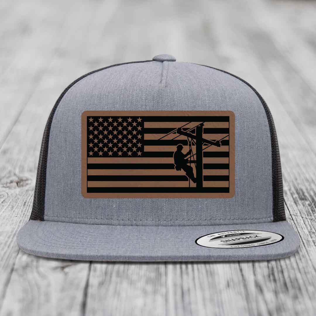 American Flag Lineman - Leather Patch Hat - Dark Brown to Black Patch - Yupoong 6006 Snapback Flatbill Hat