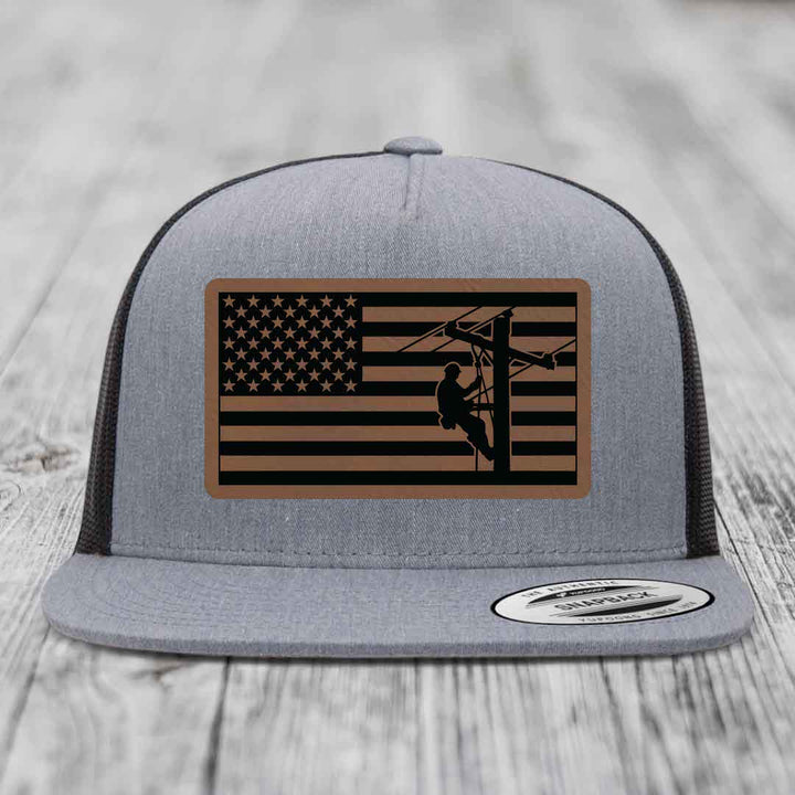 American Flag Lineman - Leather Patch Hat - Dark Brown to Black Patch - Yupoong 6006 Snapback Flatbill Hat