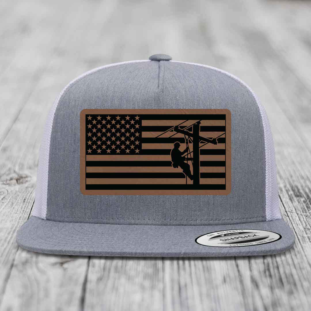 American Flag Lineman - Leather Patch Hat - Dark Brown to Black Patch - Yupoong 6006 Snapback Flatbill Hat
