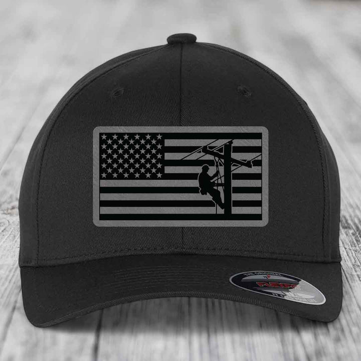 American Flag Lineman - Leather Patch Hat - Grey to Black Patch - Flexfit 6277 Fitted Hat