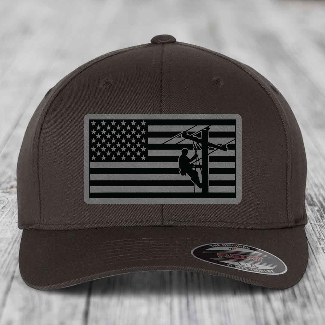 American Flag Lineman - Leather Patch Hat - Grey to Black Patch - Flexfit 6277 Fitted Hat
