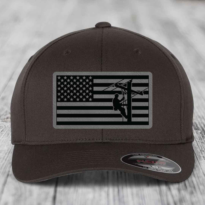 American Flag Lineman - Leather Patch Hat - Grey to Black Patch - Flexfit 6277 Fitted Hat
