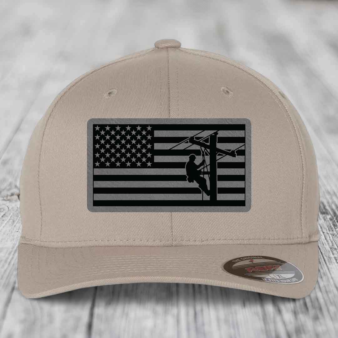 American Flag Lineman - Leather Patch Hat - Grey to Black Patch - Flexfit 6277 Fitted Hat