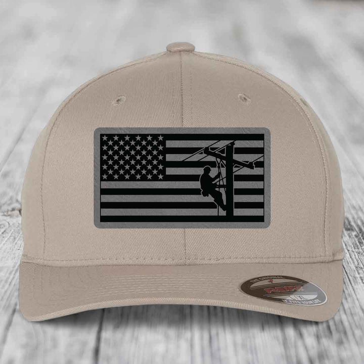 American Flag Lineman - Leather Patch Hat - Grey to Black Patch - Flexfit 6277 Fitted Hat