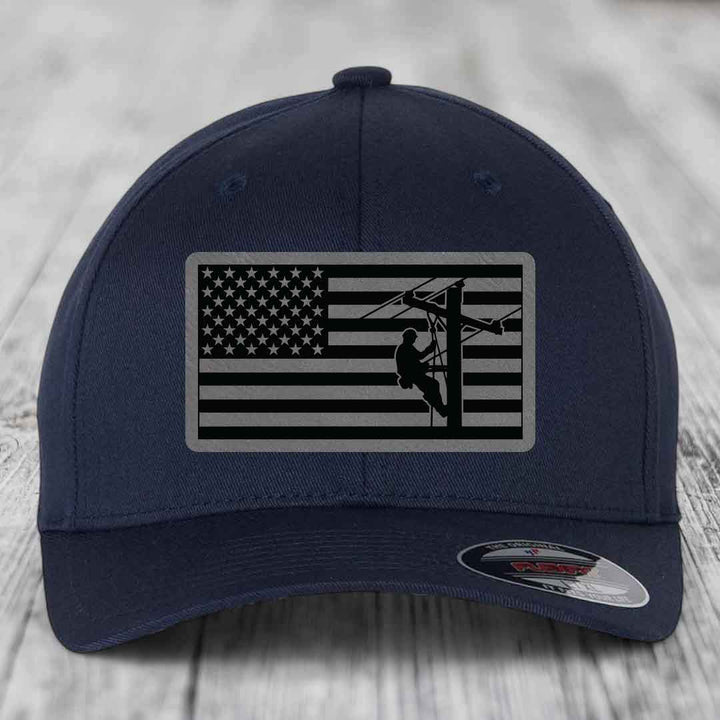 American Flag Lineman - Leather Patch Hat - Grey to Black Patch - Flexfit 6277 Fitted Hat