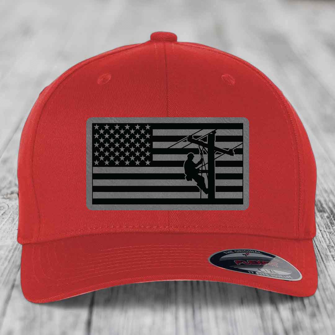 American Flag Lineman - Leather Patch Hat - Grey to Black Patch - Flexfit 6277 Fitted Hat