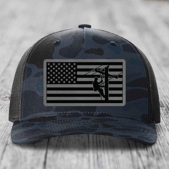 American Flag Lineman - Leather Patch Hat - Grey to Black Patch - Richardson 112PFP Snapback Trucker Hat