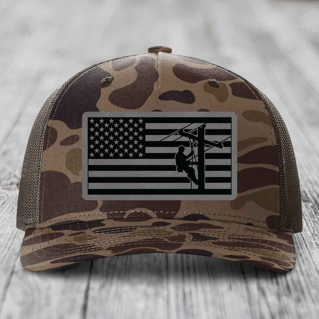 American Flag Lineman - Leather Patch Hat - Grey to Black Patch - Richardson 112PFP Snapback Trucker Hat