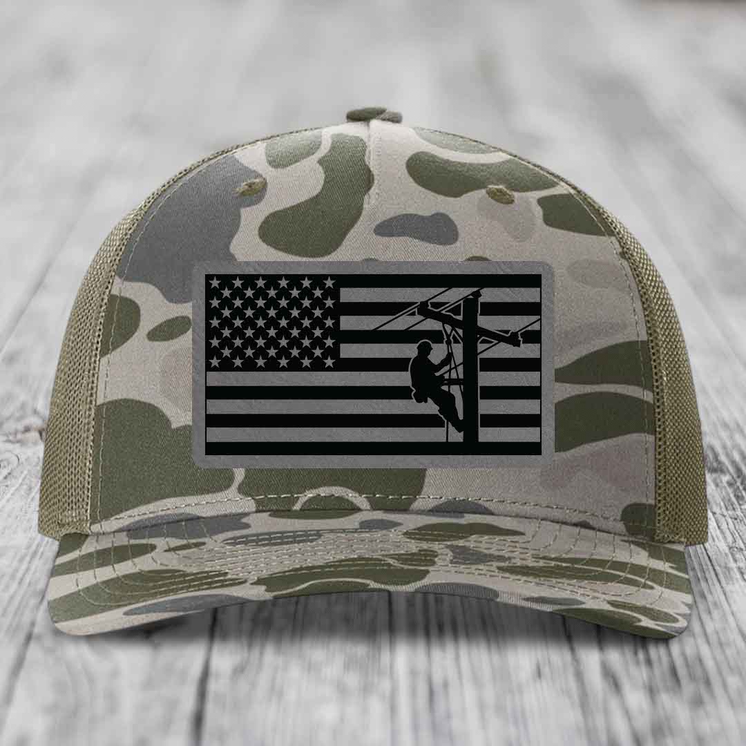American Flag Lineman - Leather Patch Hat - Grey to Black Patch - Richardson 112PFP Snapback Trucker Hat