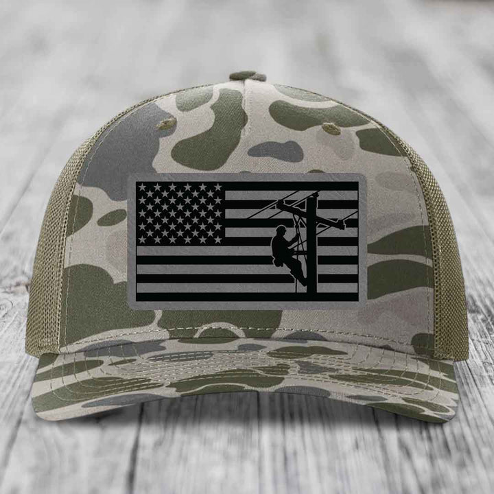 American Flag Lineman - Leather Patch Hat - Grey to Black Patch - Richardson 112PFP Snapback Trucker Hat
