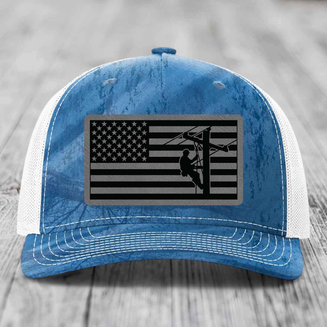 American Flag Lineman - Leather Patch Hat - Grey to Black Patch - Richardson 112PFP Snapback Trucker Hat