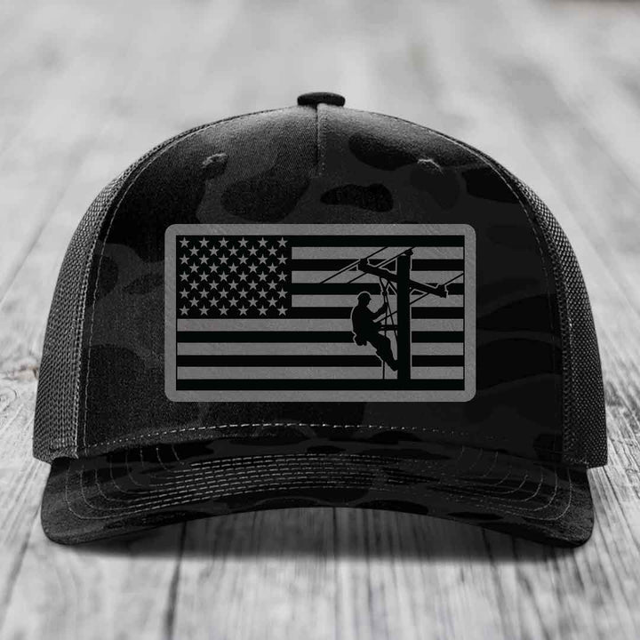 American Flag Lineman - Leather Patch Hat - Grey to Black Patch - Richardson 112PFP Snapback Trucker Hat