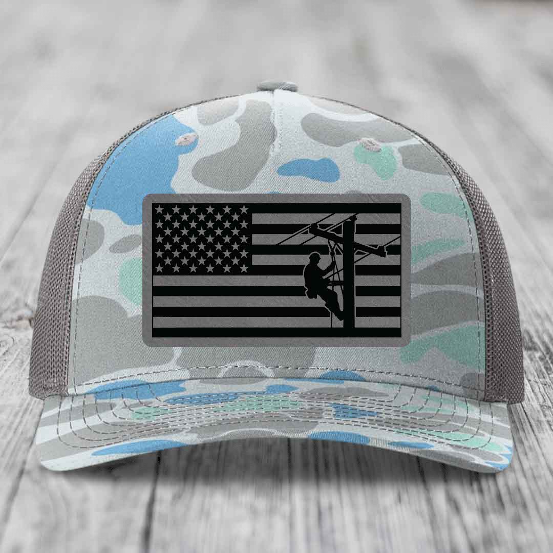 American Flag Lineman - Leather Patch Hat - Grey to Black Patch - Richardson 112PFP Snapback Trucker Hat