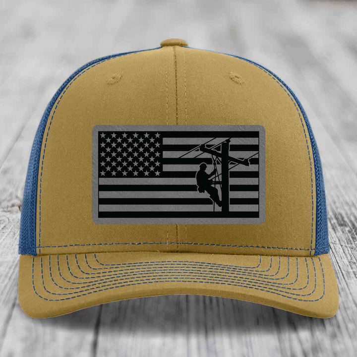 American Flag Lineman - Leather Patch Hat - Grey to Black Patch - Richardson 112 Snapback Trucker Hat