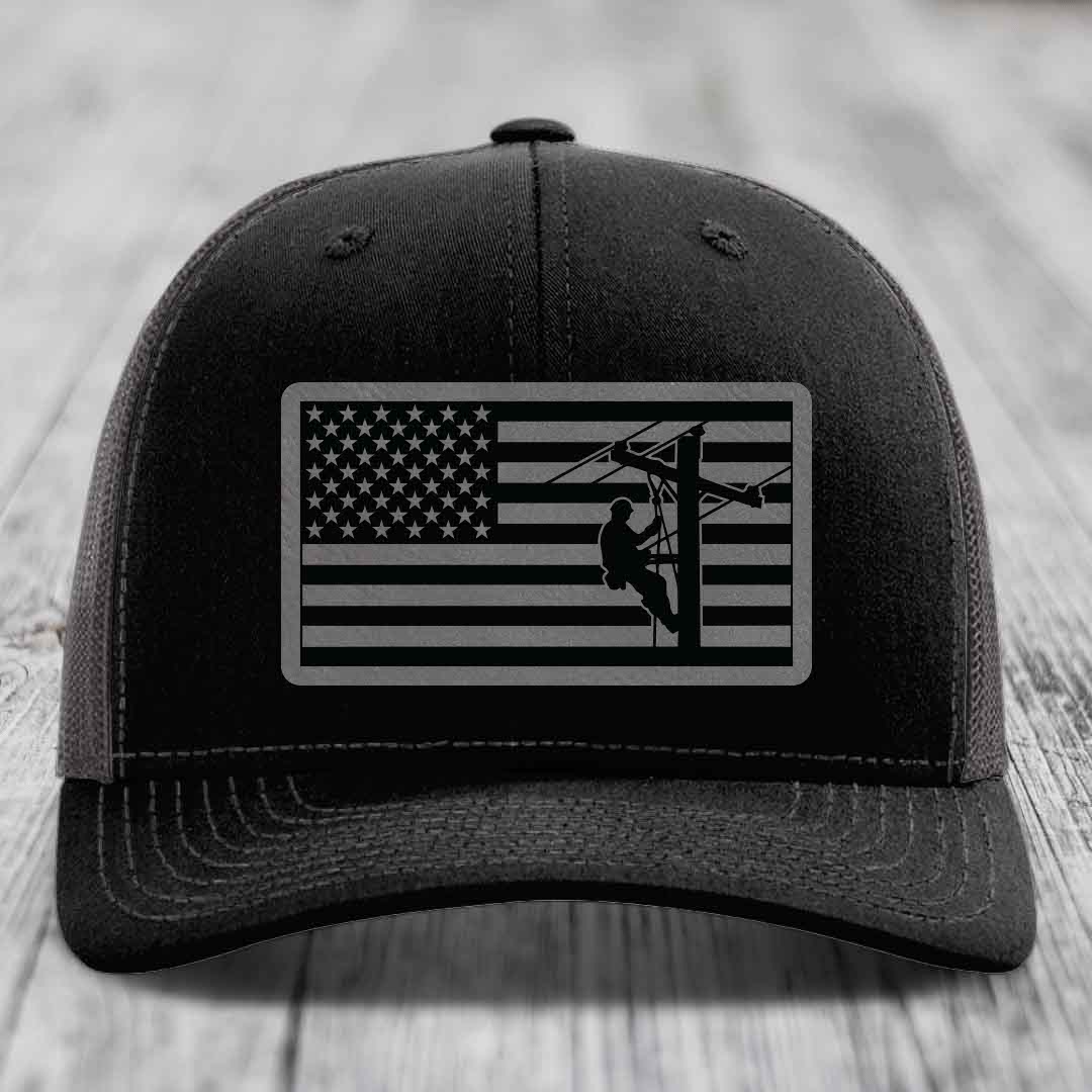 American Flag Lineman - Leather Patch Hat - Grey to Black Patch - Richardson 112 Snapback Trucker Hat