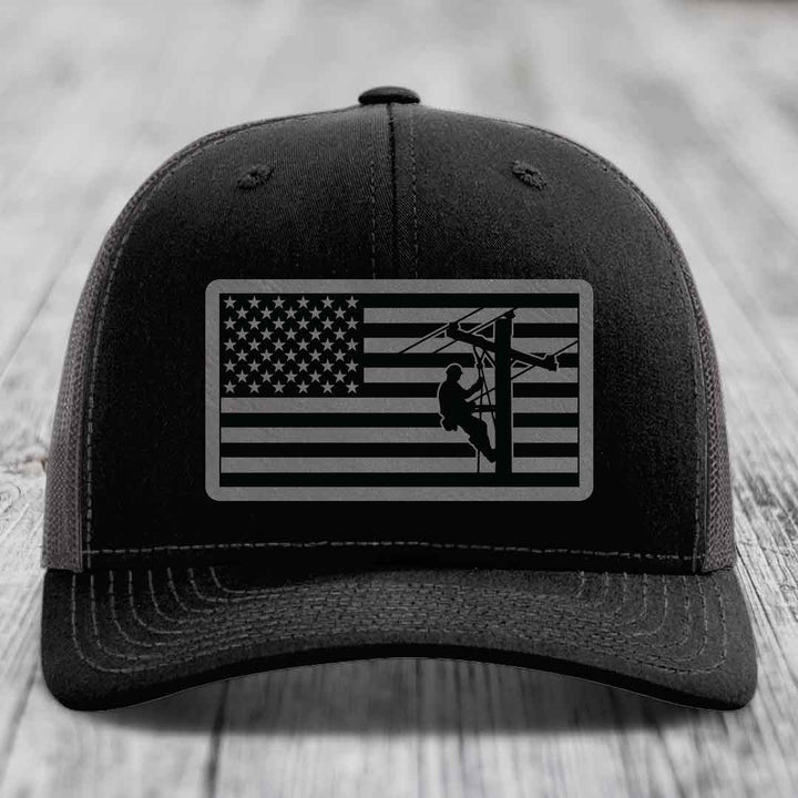 American Flag Lineman - Leather Patch Hat - Grey to Black Patch - Richardson 112 Snapback Trucker Hat