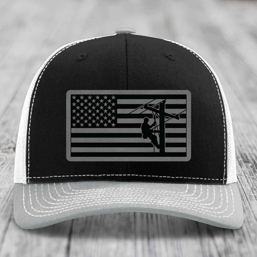 American Flag Lineman - Leather Patch Hat - Grey to Black Patch - Richardson 112 Snapback Trucker Hat