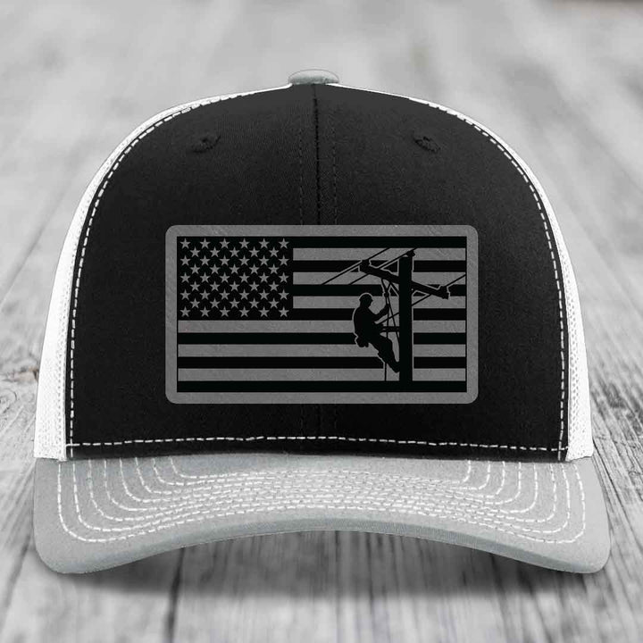 American Flag Lineman - Leather Patch Hat - Grey to Black Patch - Richardson 112 Snapback Trucker Hat