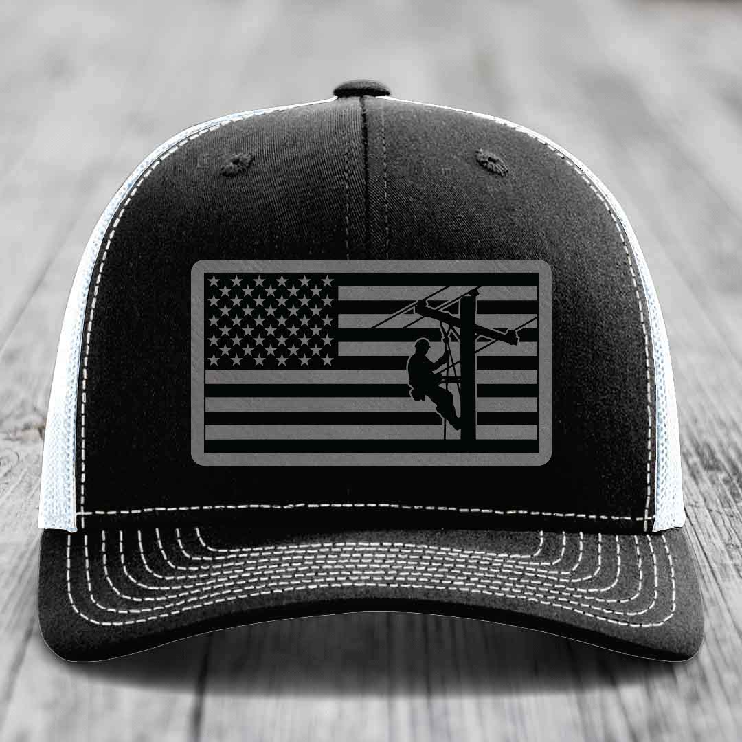 American Flag Lineman - Leather Patch Hat - Grey to Black Patch - Richardson 112 Snapback Trucker Hat
