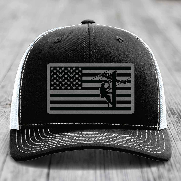 American Flag Lineman - Leather Patch Hat - Grey to Black Patch - Richardson 112 Snapback Trucker Hat
